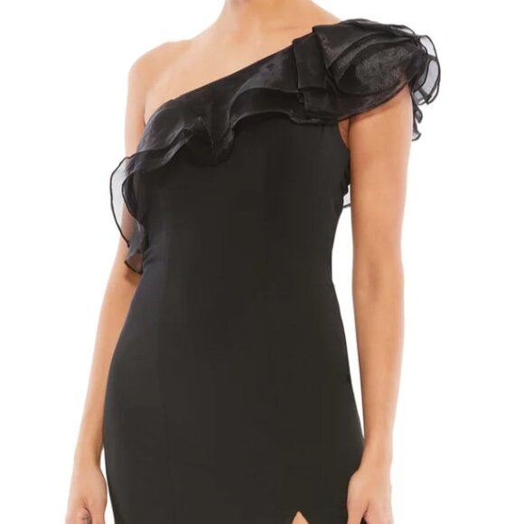 MAC DUGGAL 26372 ONE SHOULDER RUFFLE EVENING BLACK GOWN sz 8 - Picture 3 of 6